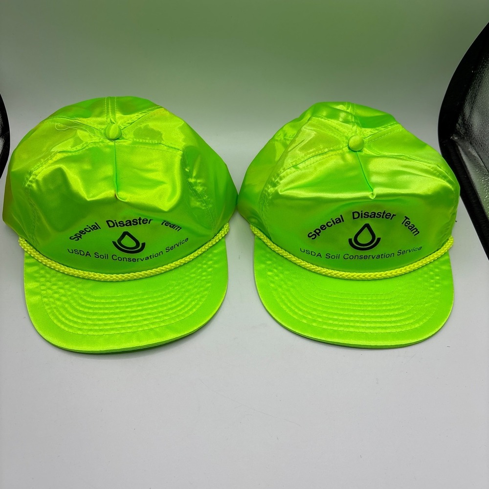 Vintage USDA Soil Conservation Service Special Disaster Team Hat Lot of 2 Neon